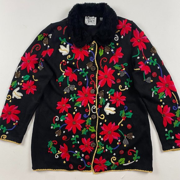 Vintage 90s Michael Simon Embroidered Cardigan Sweater Women's XL Poinsettia - Picture 1 of 10